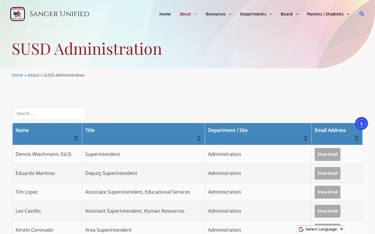 Sanger people directories listing Sanger Unified administrators
