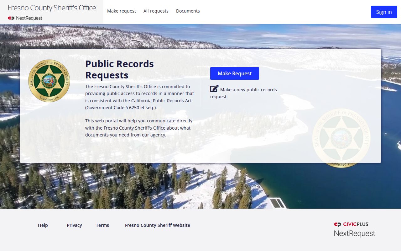 Sanger public records request screen for Fresno County Sheriff